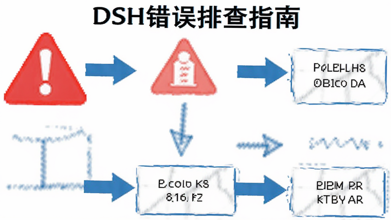 DSH错误排查指南,流程图,红色警告图标,蓝色箭头,白色背景,清晰线条
