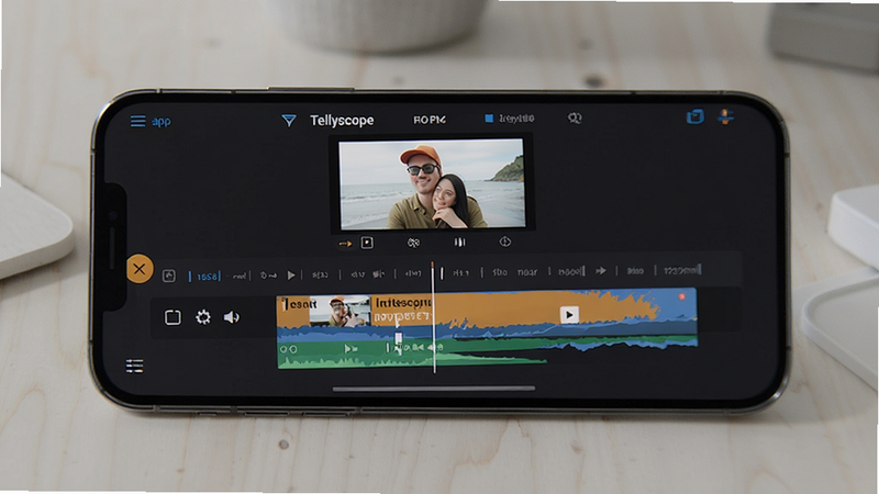 Tellyscope app interface on smartphone, showing video editing timeline, clean UI, blue and orange accent colors, modern minimalist design, high quality, realistic smartphone screen