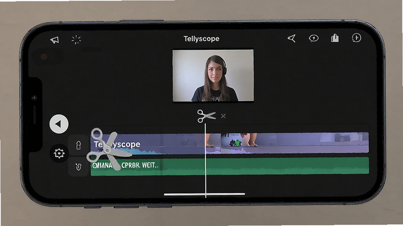 Tellyscope video editing timeline on mobile, scissors icon, simple cut operation, clean background, user friendly interface
