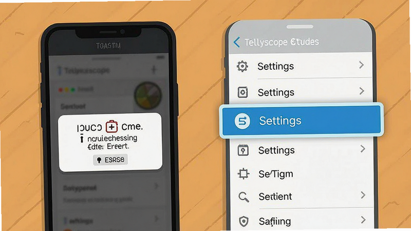 Tellyscope troubleshooting guide, smartphone with error message popup, settings menu highlighted, clean vector style illustration
