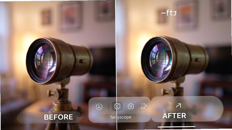 Tellyscope color enhancement effect, before and after comparison of a video frame, vibrant colors, soft lighting, app UI overlay