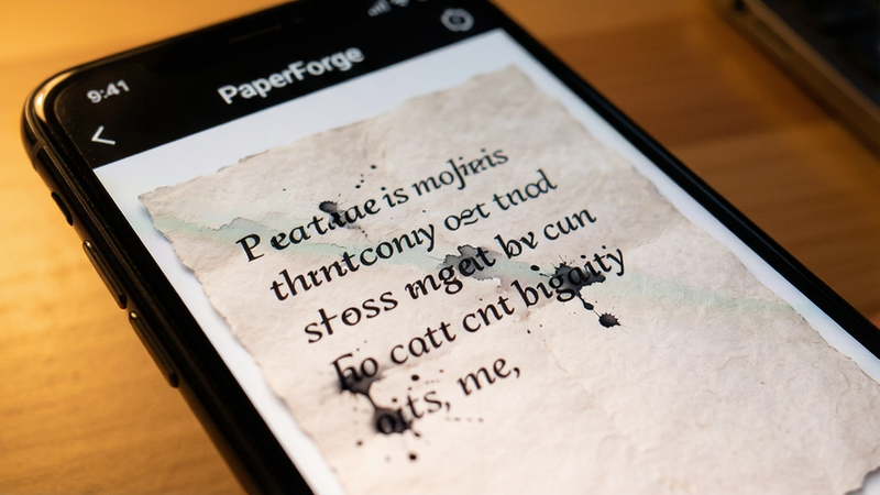 Close-up of a smartphone screen displaying PaperForge app, text appearing on a virtual paper texture, subtle ink bleed effect, warm ambient light, focus on typography quality