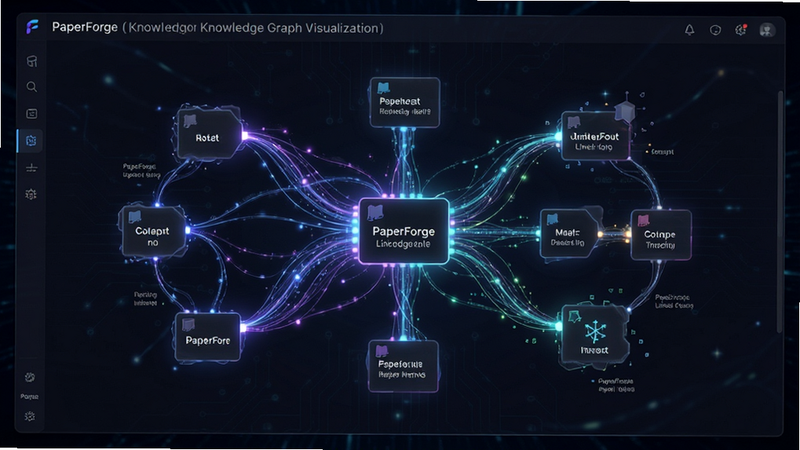 PaperForge knowledge graph visualization, nodes connected by lines, representing linked notes, dark mode interface, glowing connections, tech aesthetic