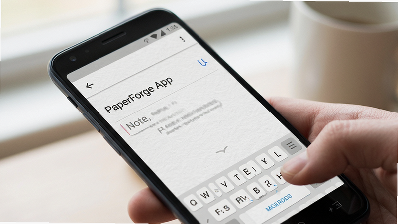 PaperForge app interface on an Android phone, minimalist design, white paper texture background, clean typography, user typing a note, soft lighting, high resolution, realistic style, no clutter