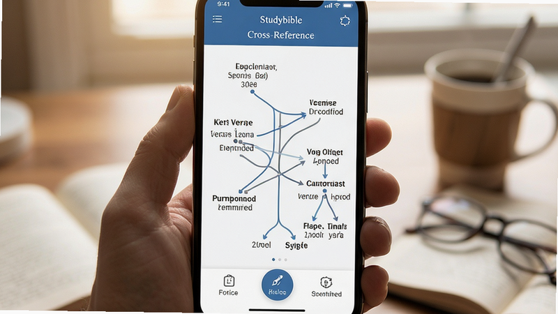 studybible cross-reference feature diagram, connecting verses with lines, mobile app screen mockup, intuitive navigation icons, soft lighting