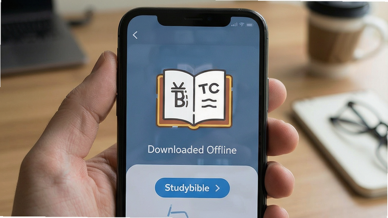 studybible offline mode indicator, phone with downloaded bible sections, simple iconography, user-friendly design