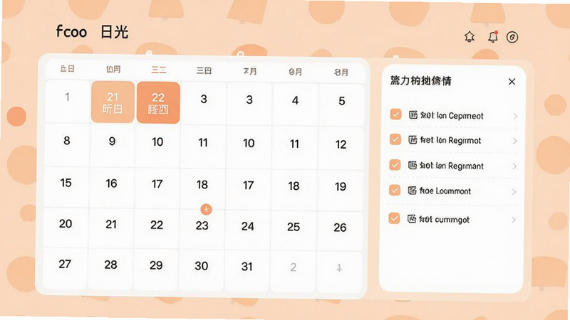 流光日历APP界面预览图,主体为简洁的日历网格布局,突出显示当前日期与待办事项列表,配色采用柔和的暖色调,背景干净无多余元素,风格扁平化现代UI设计,细节清晰文字可读,画质高清