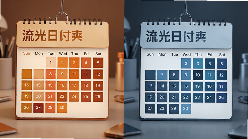 流光日历个性化主题展示图,主体为同一日历界面在不同配色下的对比,左侧暖橙色调,右侧冷蓝调,风格现代简约,细节包括色块差异明显,画质高清