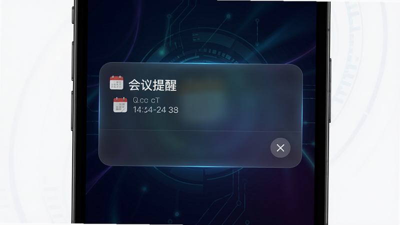 流光日历智能提醒功能演示图,主体为手机通知弹窗样式,显示“会议提醒”文字,背景为深色渐变,风格科技感,细节包括时间戳与关闭按钮,画质清晰无噪点