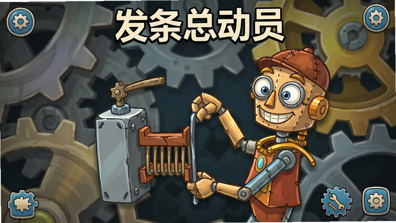 发条总动员游戏界面截图,显示一个机械角色正在被上发条,背景是齿轮咬合的特写,UI简洁明了,文字“发条总动员”清晰可见,风格卡通,画质清晰