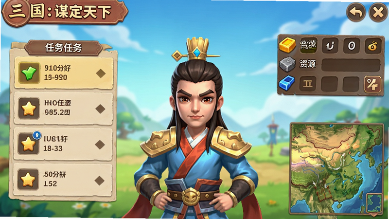 三国:谋定天下新手教程界面,画面显示一个新手玩家正在完成第一个任务,UI界面包含任务列表、资源栏、地图缩略图,整体色调明亮,风格友好,无杂乱元素