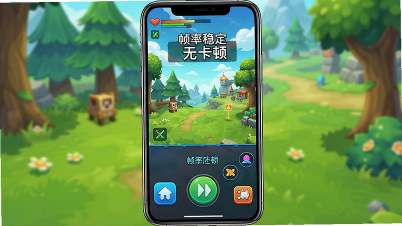 主体:手机游戏运行界面截图,布局:竖屏展示,排版:底部操作按钮突出,风格:明亮色彩,细节:显示“帧率稳定”、“无卡顿”字样,背景为游戏场景,画质:清晰,干净无多余元素