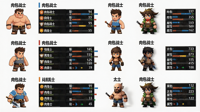 主体:游戏角色展示界面,布局:网格状排列,排版:左侧角色立绘右侧属性数值,风格:扁平化UI设计,细节:每个角色头顶显示名称如“肉包战士”,背景为白色,画质:清晰锐利,干净无多余元素
