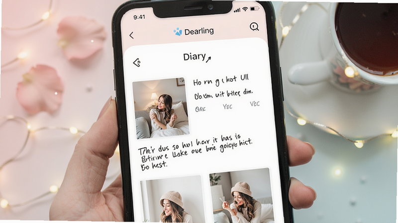 Dearling app screenshot showing a diary entry with photos and text, soft pastel background, romantic atmosphere, clean layout, no extra elements