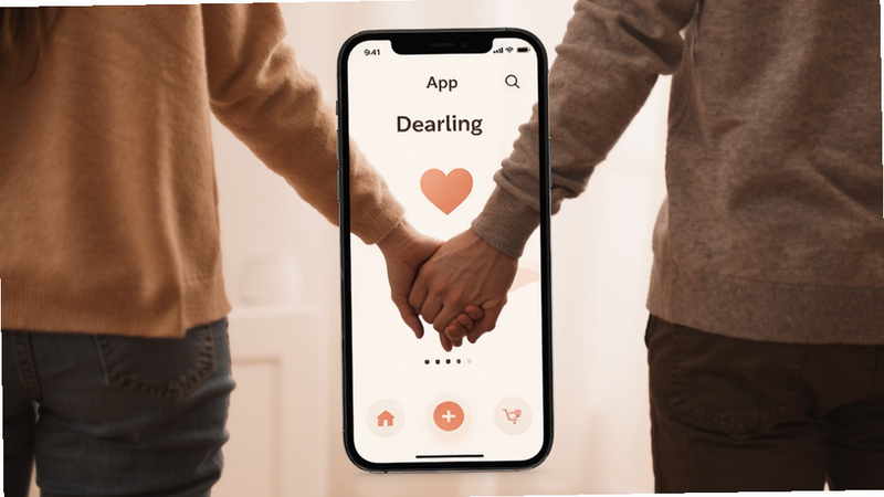 Dearling app interface, romantic theme, warm colors, couple holding hands, minimalist design, clean UI, high quality, no text