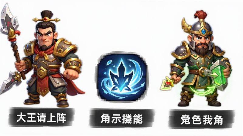 大王请上阵角色技能示意图,风格:卡通渲染,主体:三个不同职业角色并排展示技能图标,布局:横向排列,排版:技能名称下方,风格:简洁明了,细节:图标色彩区分明显,画质:清晰,干净,无多余元素