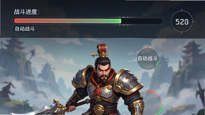 大王请上阵挂机界面截图,风格:UI界面设计,主体:战斗进度条与自动战斗角色,布局:上下结构,排版:进度条在顶部,角色在底部,风格:简约现代,细节:数字显示清晰,画质:高清,干净,无多余元素