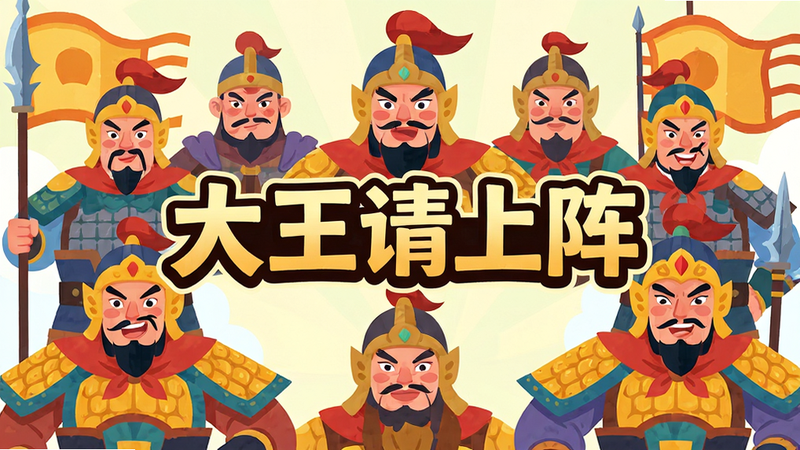 大王请上阵游戏宣传海报,风格:扁平化插画,主体:古代将领角色集合,布局:中心对称,排版:标题“大王请上阵”居中,风格:明亮鲜艳,细节:人物表情生动,画质:高清,干净,无多余元素