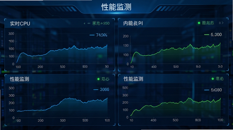 主体是Cindy软件的性能监控界面,布局显示实时CPU与内存占用曲线,排版清晰,风格为科技感蓝色调,细节包括动态数据图表和状态指示灯,画质高清,干净,无多余元素,文字显示