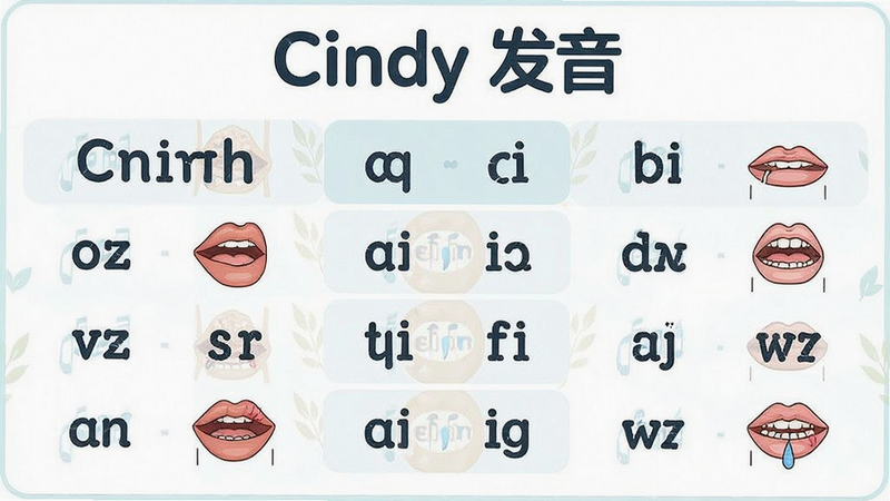 主体是Cindy名称的音标解析图,布局展示英文单词与音标对照,排版简洁,风格为教育类清新风格,细节包括发音口型示意图,画质高清,干净,无多余元素,文字显示