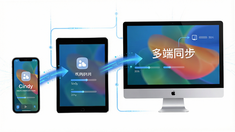 主体是Cindy的多设备同步示意图,布局展示手机、平板和电脑屏幕互联,排版呈现数据流动效果,风格为白色背景蓝色连线,细节包括同步进度条和设备图标,画质高清,干净,无多余元素,文字显示