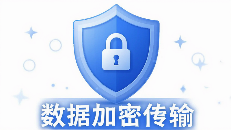 题屿APP隐私保护标识示意图,盾牌图标代表安全,文字说明“数据加密传输”,蓝色调,专业感
