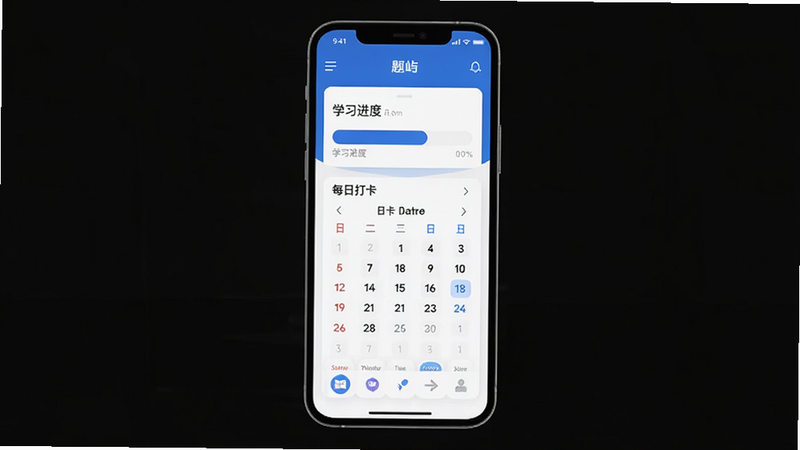 题屿APP主界面展示,扁平化设计风格,蓝色为主色调,显示学习进度条和每日打卡日历,简洁现代UI,高清晰度