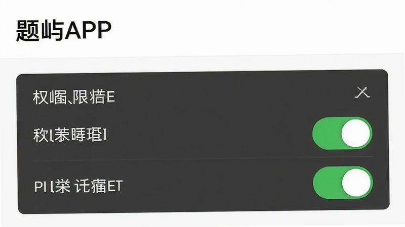题屿APP设置页面截图,展示权限管理选项,开关状态清晰,背景为白色,文字为黑色,简洁明了