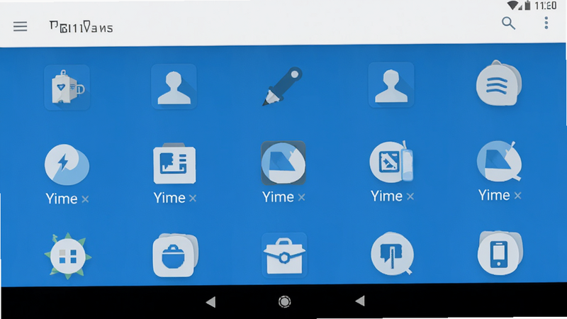 Yime 1.1.10 安卓应用主界面预览,简洁扁平化设计,蓝色调主题,清晰图标排列,现代UI风格,高分辨率,干净背景,无多余元素