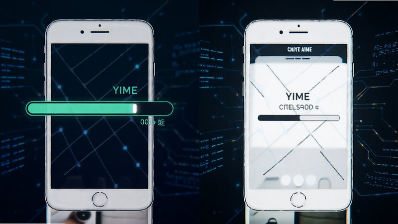 Yime 应用启动速度对比示意图,左侧显示加载进度条快速完成,右侧显示传统应用缓慢加载,简洁线条风格,科技感背景
