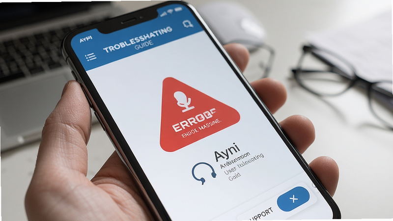 Ayni app troubleshooting guide on a smartphone, error message icon, clean interface, user support concept, realistic style, high detail