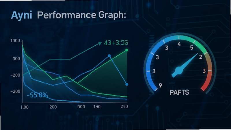 Ayni app performance graph showing low memory usage, speedometer icon, digital data visualization, tech background, blue and green color scheme, clean and professional, 4k