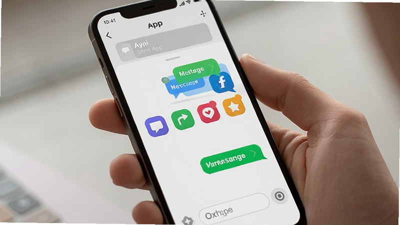Ayni app chat screen with instant message notification, smartphone held in hand, bright colorful icons, social networking concept, clean layout, realistic style, 8k