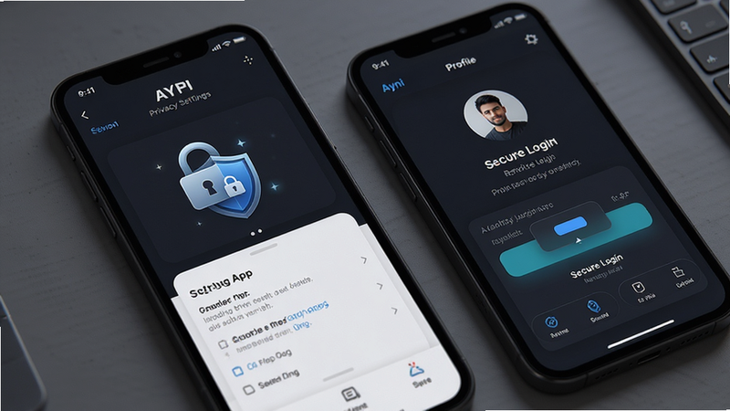 Ayni app privacy settings screen, lock icon and shield symbol, user profile page, secure login interface, dark mode aesthetic, detailed UI elements, high definition
