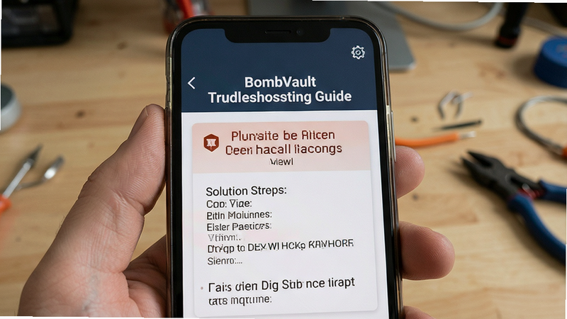 BombVault troubleshooting guide, smartphone screen showing error message and solution steps, clean interface, simple text