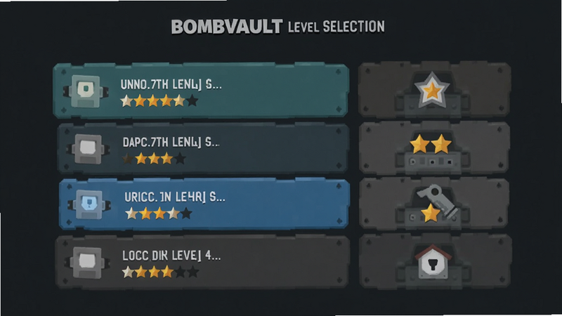BombVault level selection screen displaying a list of unlocked and locked levels with star ratings, modern flat design, clear icons