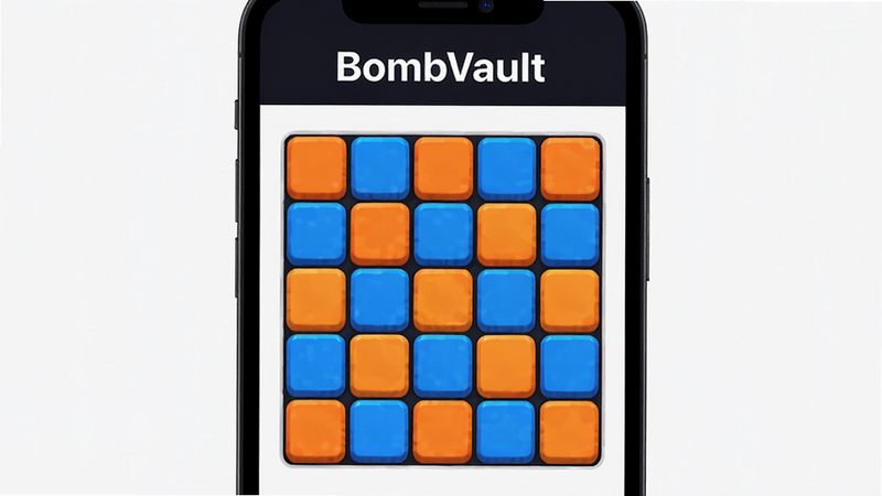 BombVault app interface showing a colorful grid-based puzzle game with bright orange and blue tiles, clean minimalist UI, high resolution 4k, sharp text