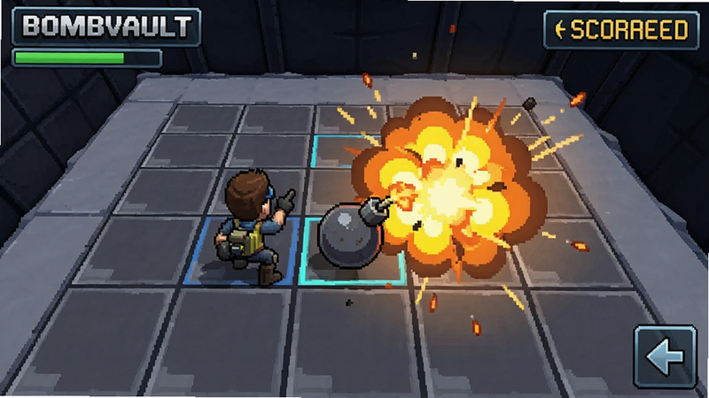 BombVault gameplay screenshot showing a player placing a bomb on a grid, with explosion effects and score counters, vibrant colors, clean UI