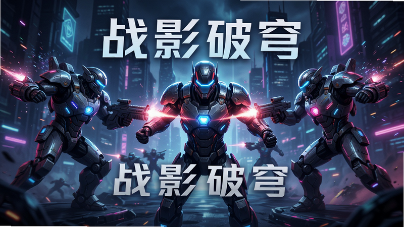战影破穹游戏宣传海报,主体为科幻风格的战斗场景,布局采用居中对称构图,排版简洁大气,风格为赛博朋克与未来主义结合,细节包含霓虹光效、机械装甲元素、动态粒子效果,画质高清8K,干净无多余文字水印