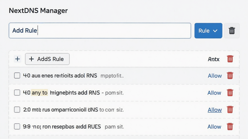 ����Ϊ NextDNS Manager �Ĺ���༭���棬�������½ṹ���Ϸ�Ϊ������·�Ϊ�����б����Ű������׶�����񼫼��ɫ������ϸ��չʾ�ӺŰ�ť��ɾ��ͼ�꣬���ʸ߱��棬�ɾ����޶���Ԫ�أ����ְ��� 