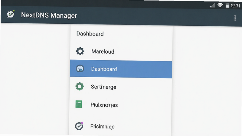 ����Ϊ NextDNS Manager ��׿Ӧ�ý����ͼ�����־���չʾ���˵����Ű����ִ�������ƽ����ϸ�ڰ���������ͼ�������ֱ�ǩ�����ʸ��壬�ɾ����޶���Ԫ�أ����ְ��� 