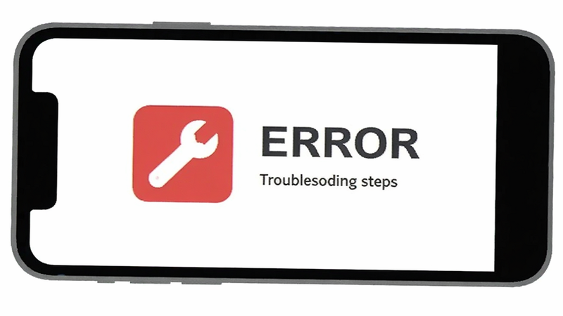 Smartphone screen displaying an error message icon with a wrench symbol, indicating troubleshooting steps for an app, simple flat design, white background, clear iconography, no text, high clarity
