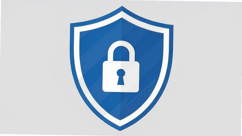 Shield icon with a lock symbol, representing security and privacy protection, minimalist design, blue and white color scheme, clean background, professional look