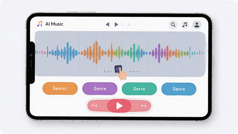 AI Music app interface showing a user-friendly music creation dashboard with waveform visualizations, genre selection buttons, and a play button, modern flat design style, vibrant colors, high resolution, clean UI, no extra text