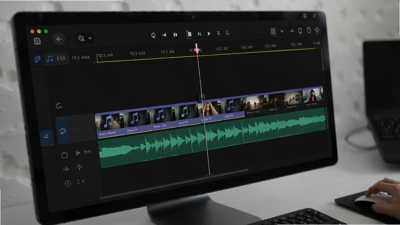 Video editing timeline interface with audio waveforms and video clips, showing a user trimming a music track, sleek modern UI, dark mode theme, high contrast, realistic rendering, clean layout