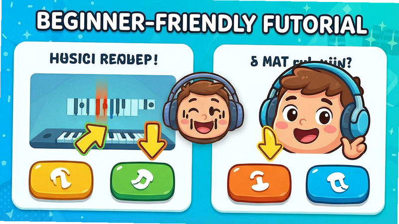 Beginner-friendly tutorial graphic showing simple steps to create music, arrows pointing to buttons, friendly cartoon character, bright colors, educational style, clean layout