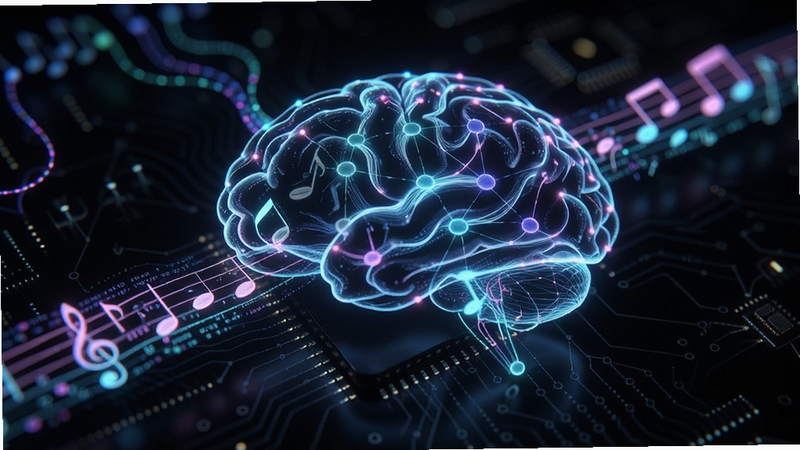 Close-up of an AI music generation algorithm visualizing neural networks processing musical notes, glowing data streams, futuristic tech aesthetic, dark background with neon accents, 4k quality, detailed, clean composition