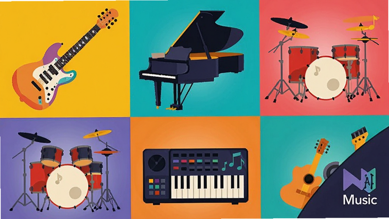 Collage of different music genre icons such as guitar, piano, drum, and synthesizer arranged in a grid pattern, representing diverse musical styles, colorful and vibrant, flat vector illustration style, AI Music branding in corner