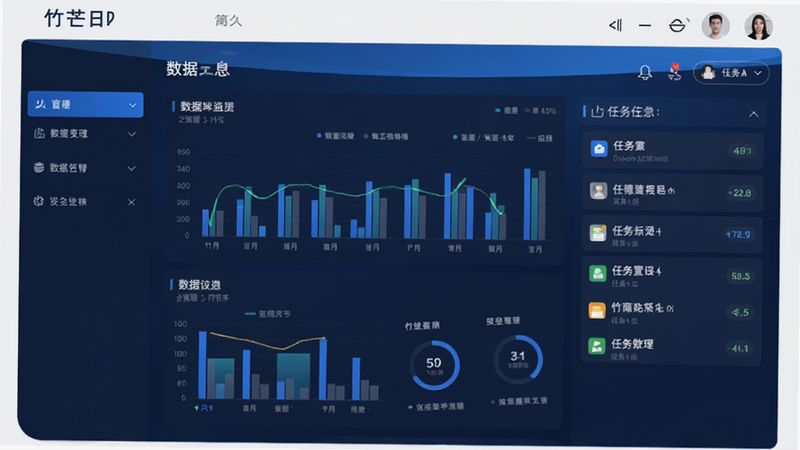 竹芒合伙人APP界面截图,展示主仪表盘、数据图表、任务列表,现代商务风格,蓝色与白色为主色调,清晰易读,高分辨率,无多余装饰
