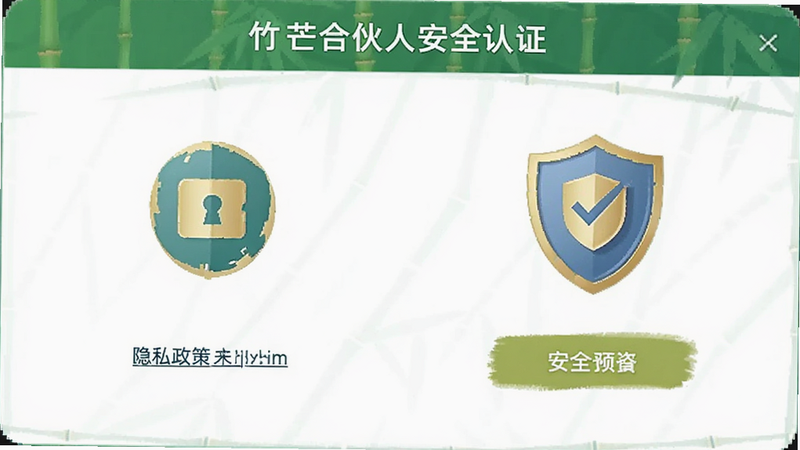 竹芒合伙人安全认证界面,显示加密图标,隐私政策链接,盾牌标志,强调安全